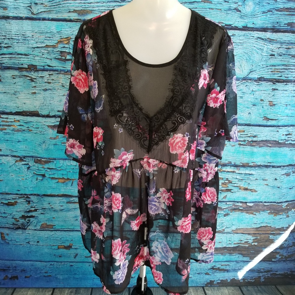 Torrid Sz 2 Sheer Black Blouse Floral Butterflies